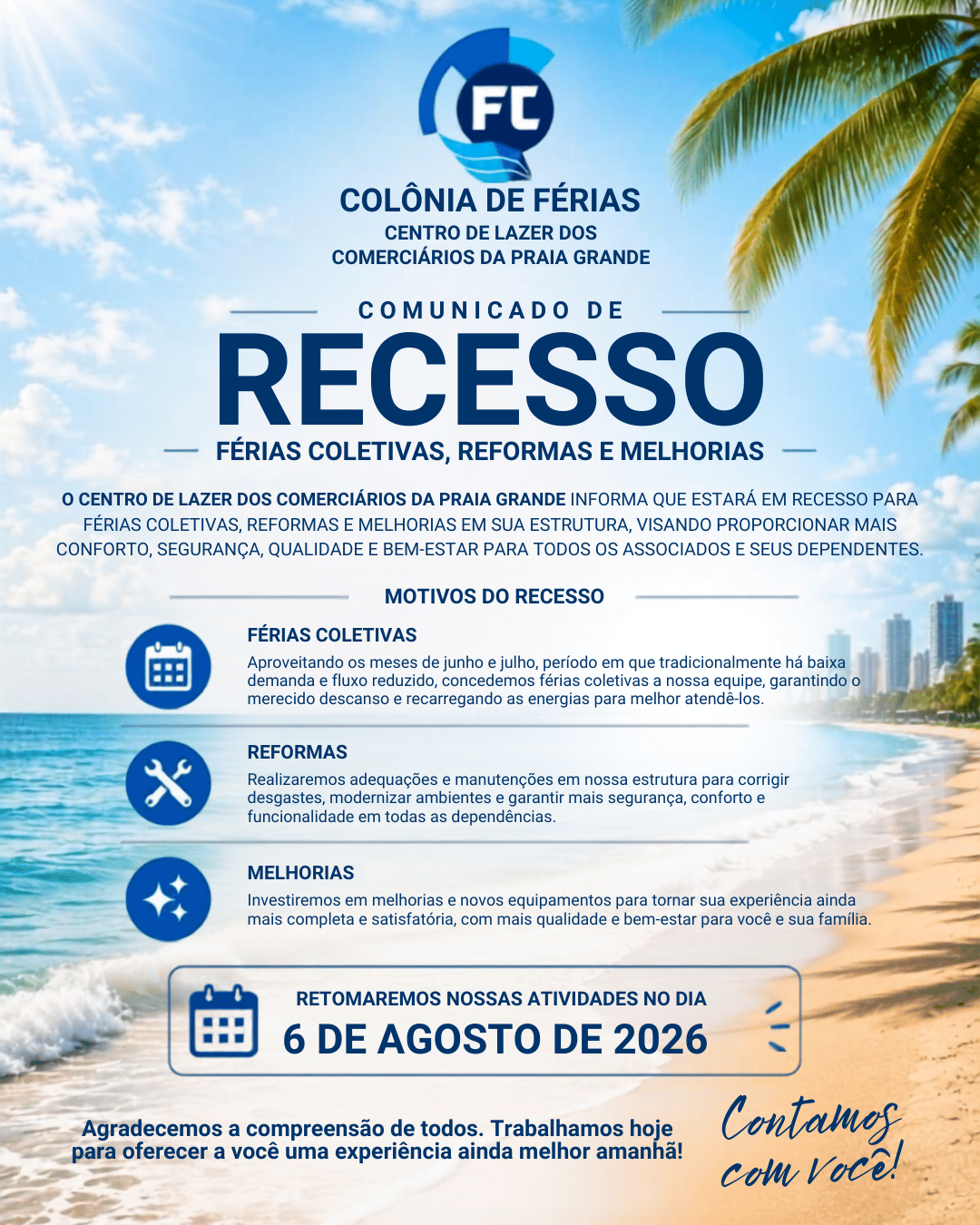 Colônia de Férias entra em período de reformas e melhorias até dia 06 de Agosto